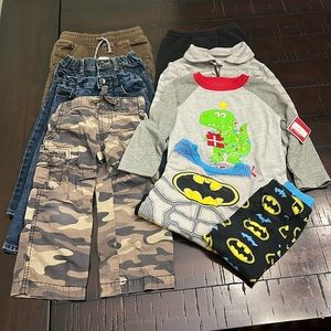 Toddler boy clothes bundle, pants blue jeans denim, camo cargo pants, pajama set